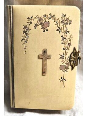 Antique Celluloid German Prayer Book Christain MOP Cross Inlaid Mother Of Pearl